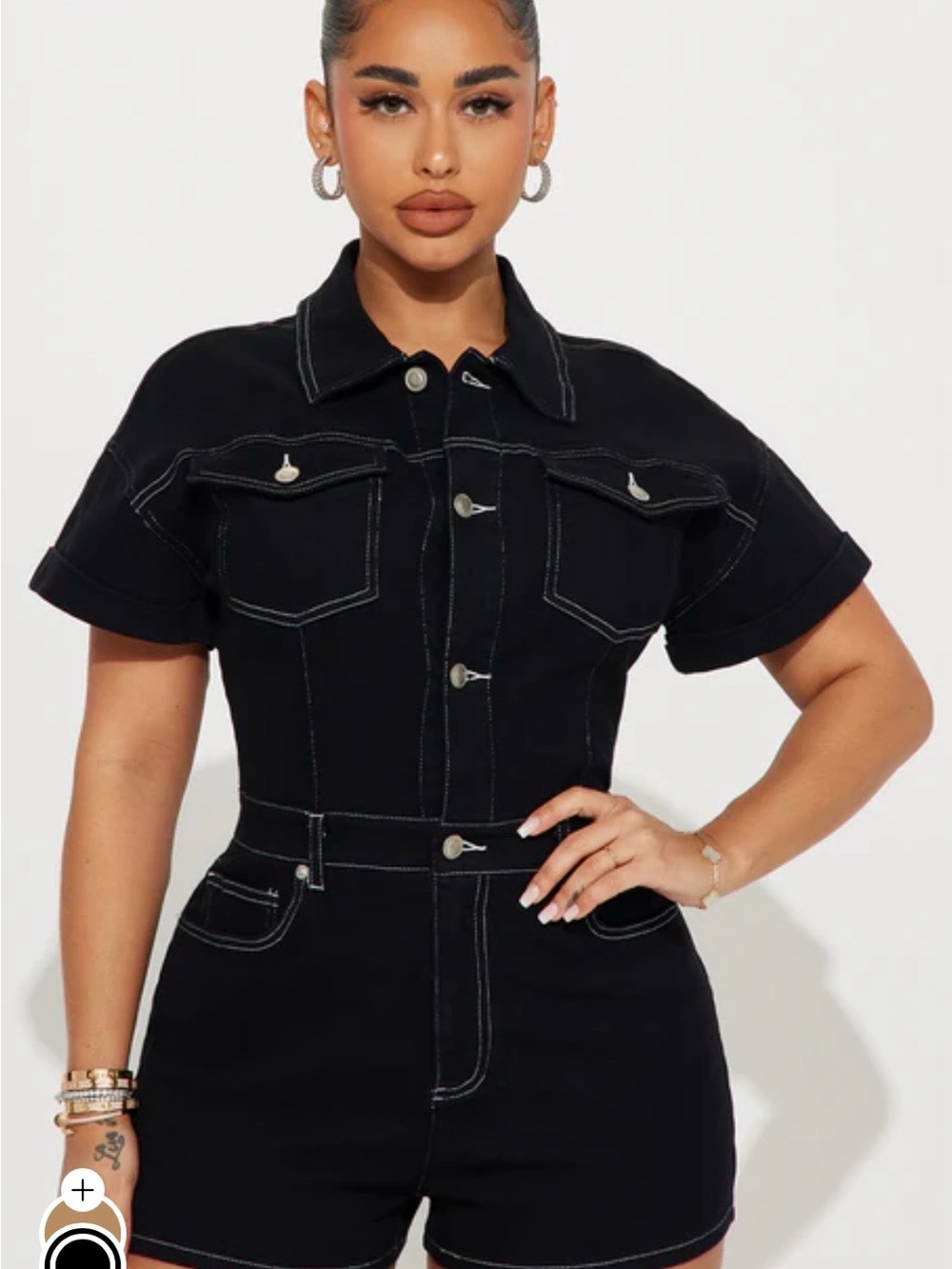 Fashion Nova Black Short-Sleeve Denim Romper with Contrast Stitching